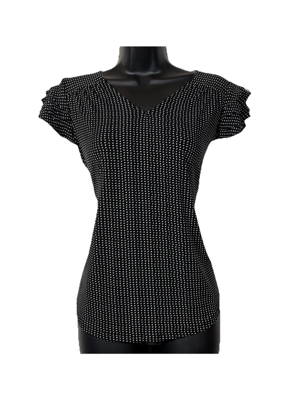 ADRIANNA PAPELL Black White Polka Dot Blouse Top Short Flutter Sleeve M Office